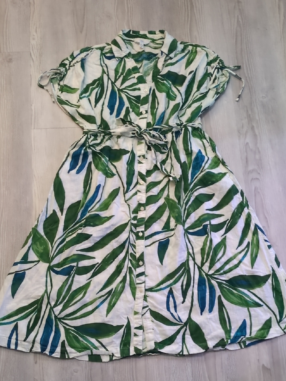 Tropical Leaf Print Linen Blend Shirt Dress Large Breezy Resort Coastal